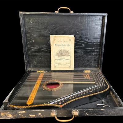 Antique Menzenhauer Guitar Zither No 2 1/2 with Original Wood Case and Key * Music Sheets 