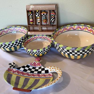 Mackenzie-Childs Set Of Bowls * Canapé Knives * Tea Pot Trivet *