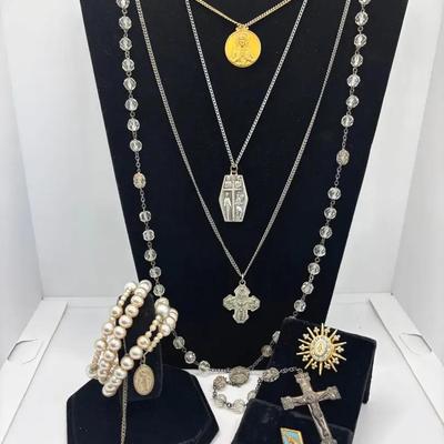 Vintage Glass Catholic Rosary , Rosary Bracelet, Mary Pins , Medal Pendants  with Chains 