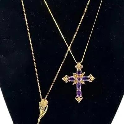 14K Yellow Gold / Purple Amethyst Cross Pendant Very Fine Chains 4.07g , Tulip Pendant Gold Tone 