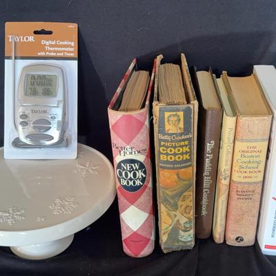 Vintage Cookbooks, Hallmark Cake Stand &  NEW Digital Thermometer 