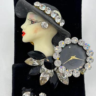 Crystal Embellished Lady with a Hat Watch Pin , Non Working 