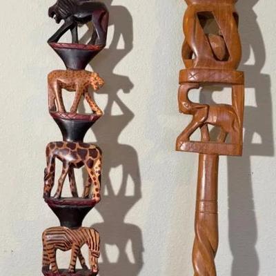 Two Decorative Wooden Walking Sticks * 37” Elephant & Animals * 36” Giraffe & Elephant *