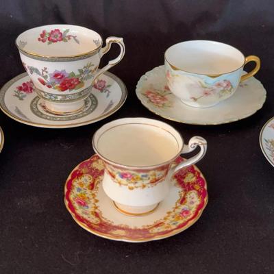 6~ Teacups & Saucers * LIMOGE; PARAGON ‘Tree Of Kashmir’ & ‘Pompadour’; COALPORT