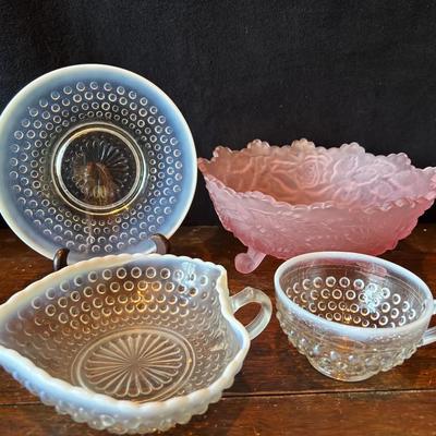 L.G. Wright ‘ Wild Rose ‘ Pink Satin Footed  Bowl , Fenton Clear Glass Saucer, Teacup & Trinket Dish