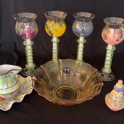 McKenzie Child Salt & Pepper Shakers, Creamer & Plate * Vintage Hand-painted Candle Holders 