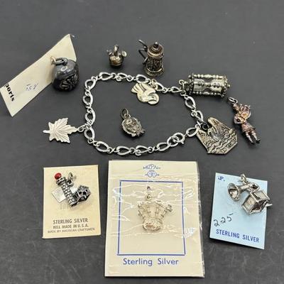 Sterling Silver Charm Bracelet , Sterling Silver Charms , Some may be Silver Tone Metal 