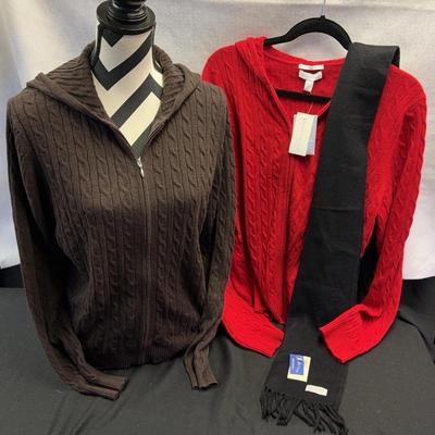 NEW! CHARTER CLUB 100% Cashmere Women’s XL Hooded Sweaters & Black Scarf 
