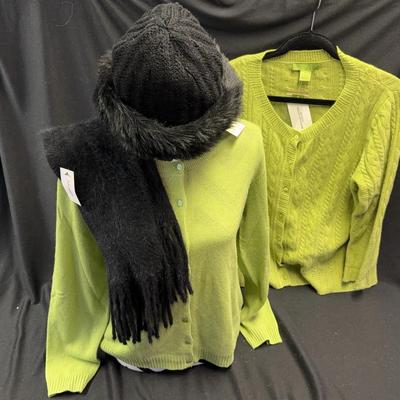 NEW! 2~ Green Cashmere Cardigans, Angora Scarf & Faux Fur Hat * RxB & Simply Cashmere 