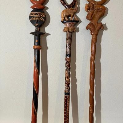 Three 36” Wooden Walking Sticks * Elephant * Mask  * Lion *