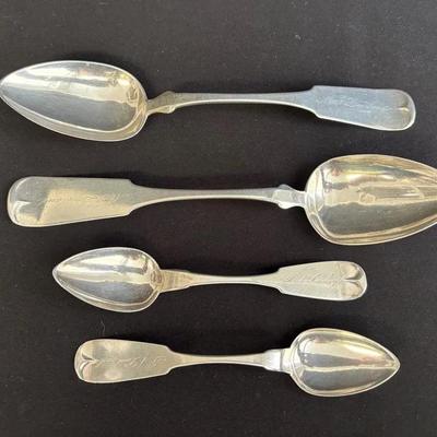 4 Monogrammed Antique Coin Silver Spoons * 2 Teaspoons & 2 Serving Spoons * 119.45g Total Weight