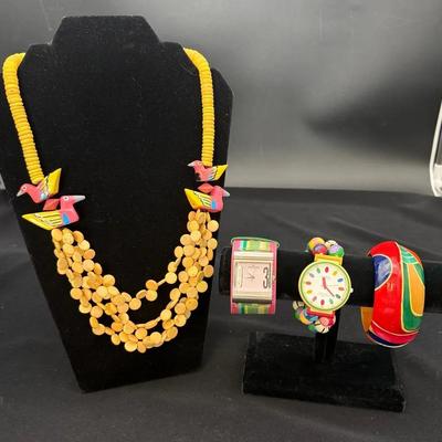Colorful Anne Klein & Armitron Watches! * Tropical Necklace & Bright Handcarved Bracelet 