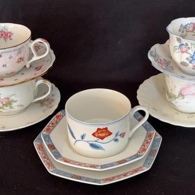 5~ Tea cups & saucers by Fitz & Floyd “Jardin De Chine” , Royal Stafford & More