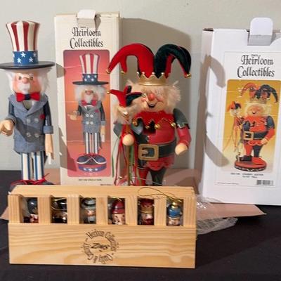 Zim’s Nutcrackers * 15” Uncle Sam 1998 * 12.5” Chubby Jester 2002 * Six 4” Ornaments *