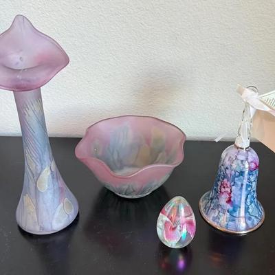 Exquisite Pink & Blue Art Glass Items * Mouth Blown Bell, Hand Painted Bud Vase & Bowl 