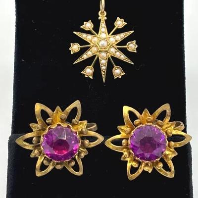 Tiny Pearl Embellished Starburst Pendant , Vintage Purple Glass Clip on Earrings  
