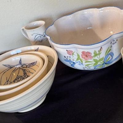 Ceramic & Pottery Kitchen Decor * Large Bowl 12x6” * 3 Signed Bowls * 2 Footed Mugs * 
