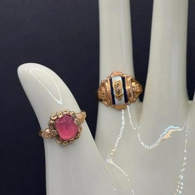 2 ~ 10K Yellow Gold Rings , 1956 Ladies Class Ring , Antique Pink Glass Ring 6.50 Total Weight 