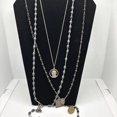 2 Rosaries One Marked Sterling * Religious Medals 
