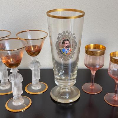 Vintage Gilt Glassware * 6~Napoleon Glasses * Ludwig II ~ West Germany Vase 