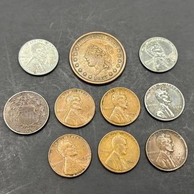 10 Antique / Vintage U.S Pennies , 1837, 1882, Steel Wheat 1940’s D’s & 1952D 