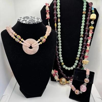 4 Polished Semi Precious Stone & Other Bead Necklaces * heavy Pink Quartz * Jade * Shell * Glass * 