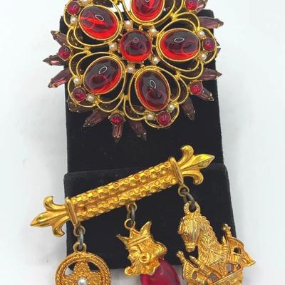 2 Regal Vintage Red Glass , Gold Toned Statement Brooches , Maxine Denker King, Horse Pin 