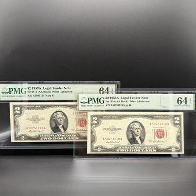 017) 1953A $2 Red Seal Legal Tender Notes – PMG 64 EPQ Pair – Fr#1510 AA Block – Consecutive Serials