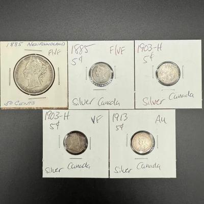 042) Canada & Newfoundland Silver Coin Lot – 1885–1913 – 5 Cents & 50 Cents – Mixed Grades