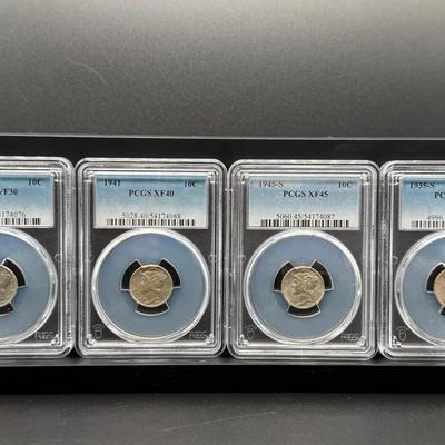 027)PCGS Mercury Dime Lot – 1935-S VF35, 1941 XF40, 1944 VF30, 1945-S XF45 – Certified Silver 10C Se