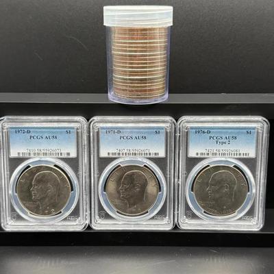 029) PCGS AU58 Ike Dollar Set (3 Coins) with Additional Roll of Eisenhower Dollars