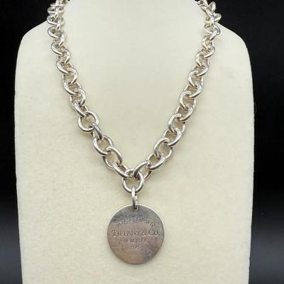 009) Tiffany & Co. Sterling Silver “Please Return To Tiffany” Round Tag Necklace – 69.5g – Classic C