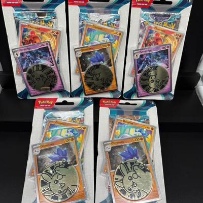 005) Pokémon TCG Promo Blister Packs Lot – Glimmet / Glimmora / Charcadet / Ceruledge + Pikachu Coin