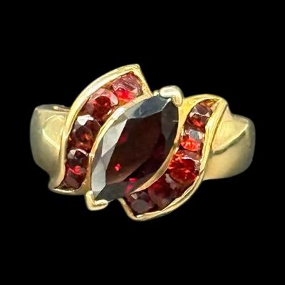 053) NAGL Certified 10K Yellow Gold Natural Almandine Garnet Ring – Marquise & Round Cuts, 3.10 ctw