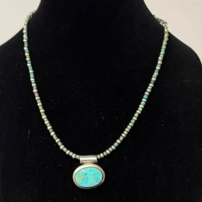 Blue Turquoise Pendant Navajo Pearls Sterling Silver Necklace