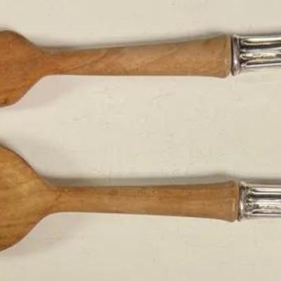 Set of wooden salad servers with sterling silver handles