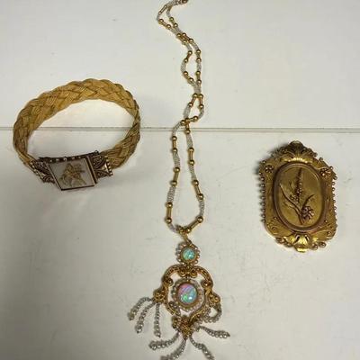 antique Austro-Hungarian gold-gilt silver necklace featuring opals and seed pearls, Brooch, Bracelet