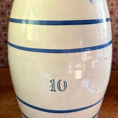 Antique Stoneware Water Cooler Crock 10-Gallon Blue Stripe W/ Wooden Lid