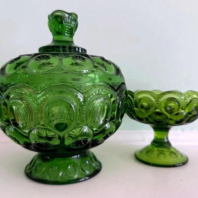 Vintage L.E. Smith ‘Moon And Stars’ Pressed Glass Lidded Compote/Candy Dish Plus Candle Holder