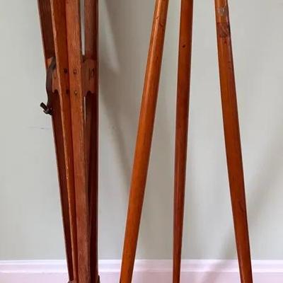 Antique & Vintage Pair Of Wooden Survey Tripods (2)
