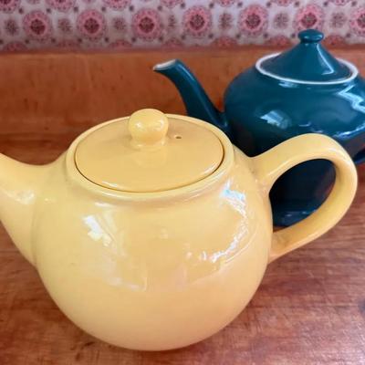 Vintage Teapots (2) With Forest Green Hall & Yellow Made In Portugal