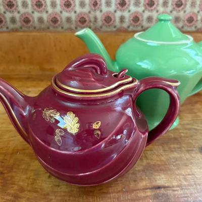 Pair (2) Hall Teapots, Burgundy Windshield/Art Deco & Celadon Green Connie 