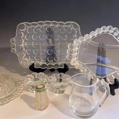 Vintage Heisey Relish Dishes And Candlesticks With Butter Dish And More