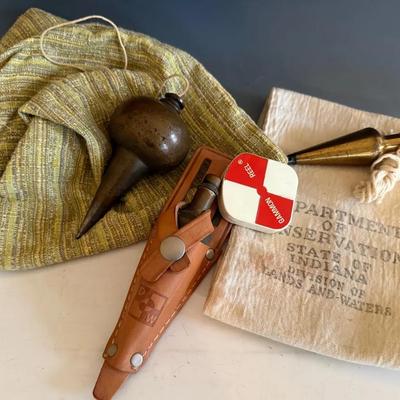 3 Vintage Brass Plumb Bobs W/ Storage Bags, Leather Sheath, Possibly Government