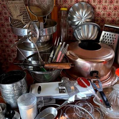 Vintage Kitchen Gadgets With Pans, Openers, Molds, Sifters, Rolling Pins