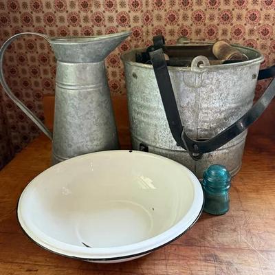 Vintage Decor With #14 Eagle Mop Wringer, Smith & Hawken Pitcher, Enamelware, Insulator