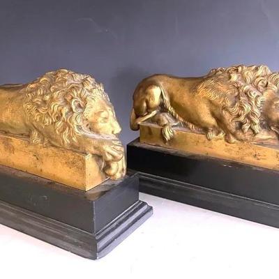 Vintage Solid Brass Lions On Marble Bases Bookends 