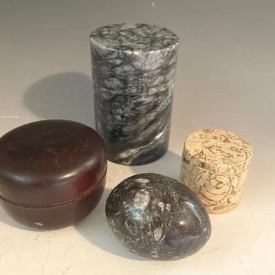 Orthoceras Polished Stone Egg With Stone And Marble Boxes And Vintage Natsume Tea Caddy Box