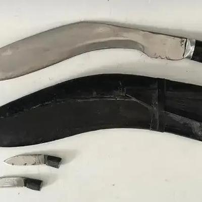 WWI Gurkha Battle Kukri Knife with Mother of Pearl Inlaid Handle, Incised Sheath & Companion Knives 