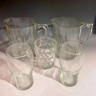 Arcoroc Thumbprint Tankard, British Stamped Pint Tulip Glasses With Heavy Vintage Pitchers 